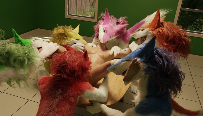 ambiguous_gender anthro blue_body blue_fur colorful dining_room faceless_male fellatio feral fur green_body green_fur group group_sex hair hi_res home human humanoid interspecies male mammal mawplay oral orange_body orange_fur orgy penile pink_body pink_fur pinned racf92 red_hair sergal sex stuck untied_verbeger vore yellow_body yellow_fur