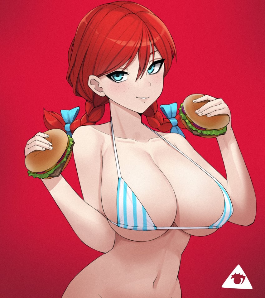 1girls bikini blue_eyes breasts burger cleavage donburikazoku fast_food female female_only food freckles grainy holding holding_burger holding_food holding_object huge_breasts pale-skinned_female red_background red_hair seductive_smile skimpy solo striped_bikini twintails wendy's wendy_thomas