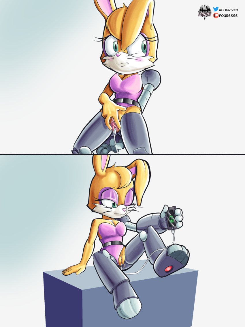 3:4 android anthro archie_comics bunnie_rabbot comic cybernetics cyborg female fours_(artist) genitals hi_res humor lagomorph leporid machine mammal penetration phone phone_charger pussy rabbit robot robot_girl solo sonic_(series) sonic_the_hedgehog_(archie) sonic_the_hedgehog_(comics) sonic_the_hedgehog_(series) spread_pussy spreading vaginal_penetration