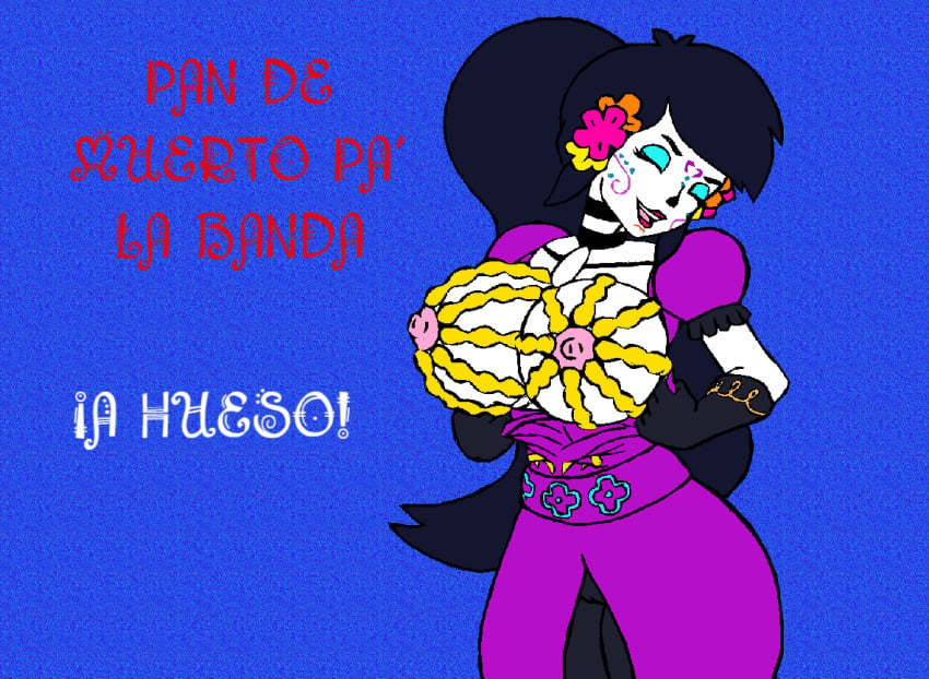 1girls big_breasts black_hair blue_background bodypaint boob_burger bread breasts catalina_la_catrina closed_eyes dia_de_los_muertos dress female female_only gloves hair_flower long_hair nipples ponytail purple_eyes purple_skin spanish_text undressing yellow_sclera your_order_is_ready_(meme)