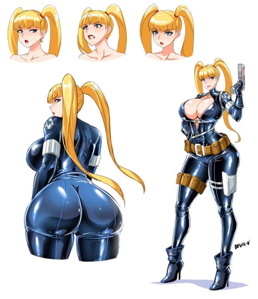 ankle_boots big_breasts big_butt blonde_hair boots breasts cleavage devil-v gameshark gina_savage highheels huge_breasts latex latex_suit twintails unzipped unzipped_bodysuit video_games