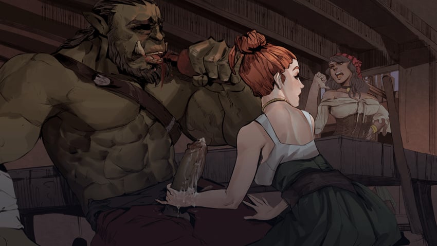 1girls acht after_handjob alexia_blackwell caught caught_in_the_act cheating exposed female gypsy handjob human_female light-skinned_female light_skin male male/female orc orc_male seeds_of_chaos