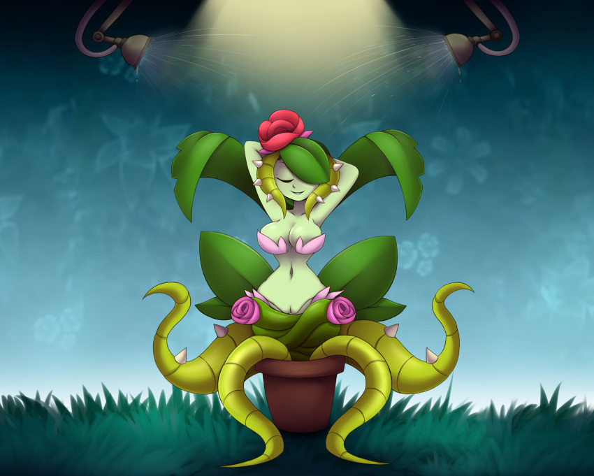 anthro better_version_at_source big_breasts breasts closed_eyes elemental_creature elemental_humanoid female flora_fauna flower genitals grass green_body green_skin hands_behind_head hi_res humanoid light metachoke navel one_eye_obstructed plant plant_humanoid pussy rose_(flower) shantae smooth_skin solo video_games water water_lily_siren wayforward