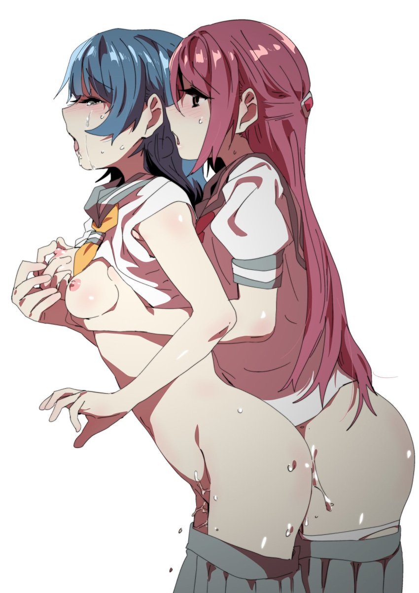 1futa 1girls ahe_gao ambiguous_gender ambiguous_penetration bangs blue_hair blush breast_grab breasts cowboy_shot ecoman eyebrows_visible_through_hair female female_penetrated from_side futanari grabbing highres implied_futanari love_live! love_live!_sunshine!! medium_breasts multiple_girls nipple_tweak nude open_mouth panties panty_pull pink_hair pussy_juice sailor_collar sakurauchi_riko school_uniform serafuku shiny shiny_hair shiny_skin short_sleeves skirt skirt_pull sweatdrop symbol_commentary tears thighs tsushima_yoshiko underwear white_panties