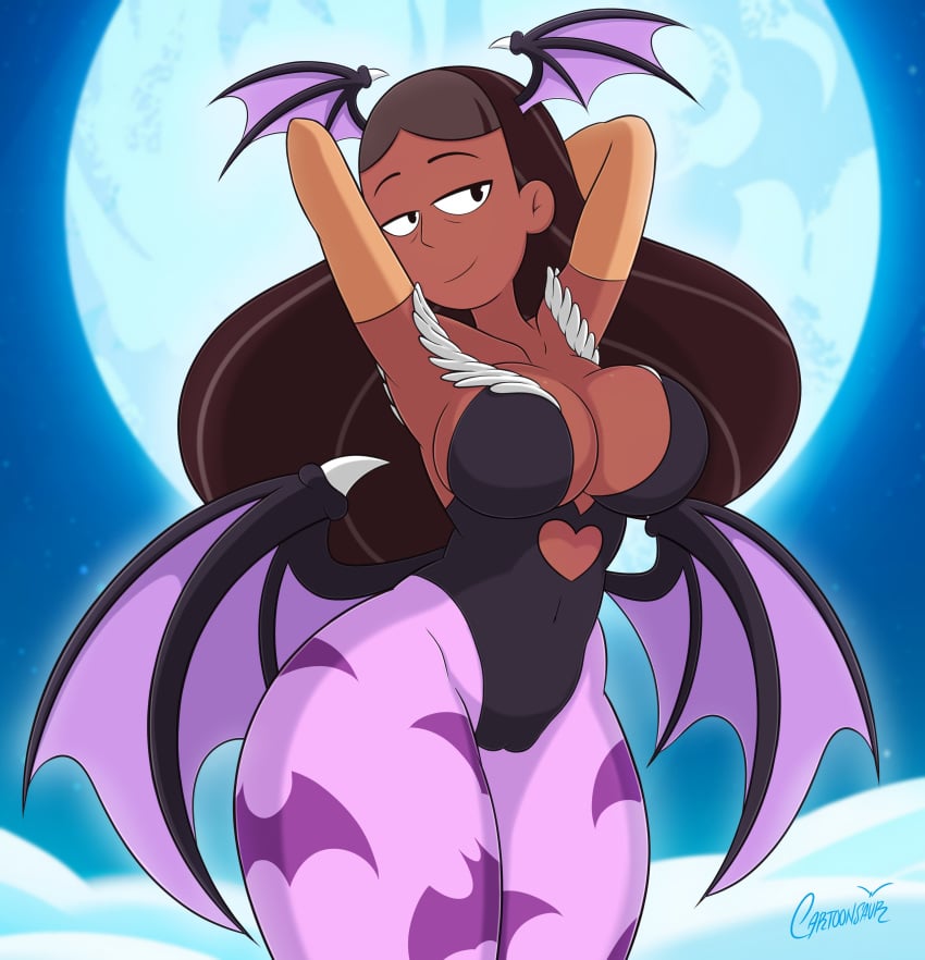 1girls arms arms_up bedroom_eyes breasts brown_hair cameltoe cartoon_network cartoonsaur cleavage clothing cosplay curvy dark-skinned_female dark_skin darkstalkers fat_mons female female_only full_moon hair half-closed_eyes large_breasts medium_breasts milf moon morrigan_aensland_(cosplay) priyanka_maheswaran seductive seductive_look seductive_smile sideboob smile solo solo_female standing steven_universe succubus thick_thighs watermark wings