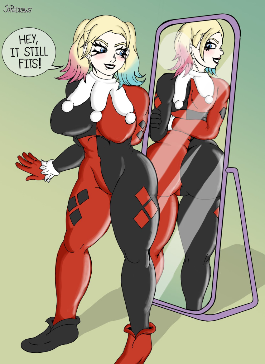 1girls ass batman_(series) big_ass big_breasts bodysuit dc dc_comics female female_only fully_clothed harley_quinn harley_quinn_(classic) joredraws lipstick mirror pigtails solo speech_bubble text tight_clothing