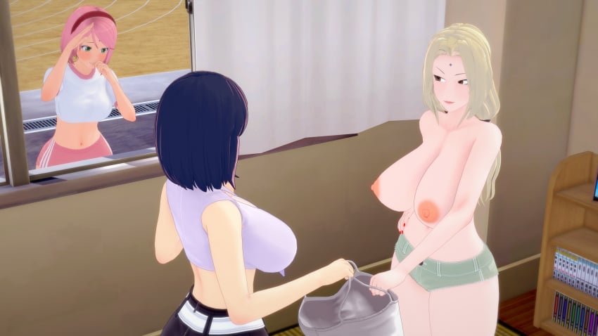 3d big_breasts blonde_hair blush breast_envy brown_eyes clothing drooling green_eyes hyuuga_hinata koikatsu nail_polish naruto naruto_(series) naruto_shippuden oppai113 peeping pink_hair purple_hair sakura_haruno small_breasts smile topless tsunade