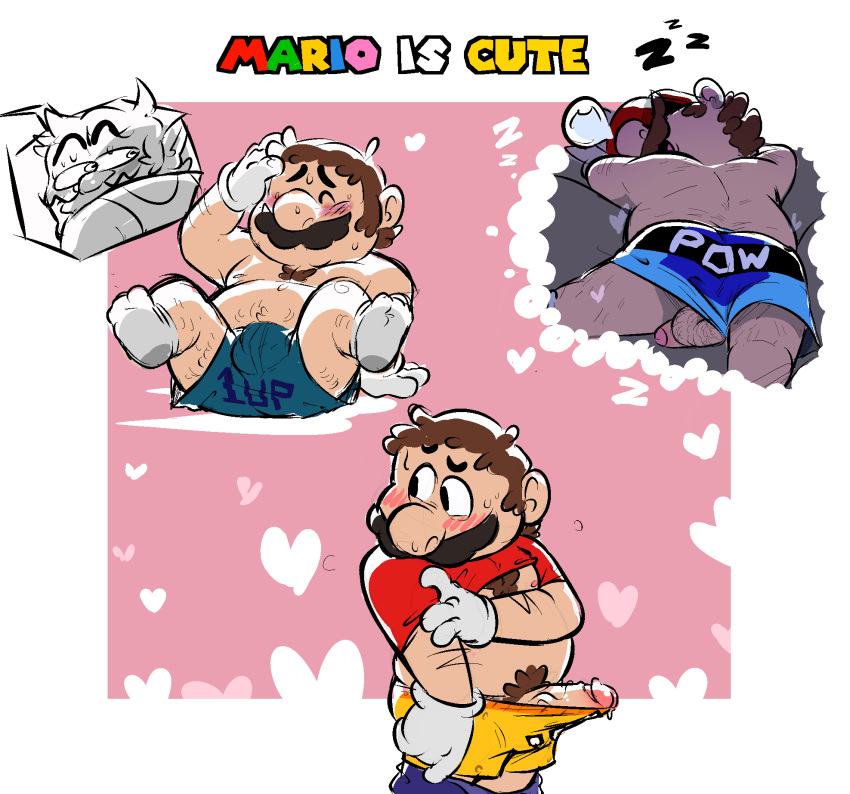 1boy blush boner boxer_briefs bulge chubby chubby_male cute english_text erection erection_under_clothes flaccid legs_up male male_only mario mario_(series) naughtybassard nintendo penis sleeping solo solo_male super_mario_bros. text torquewintress underwear wario