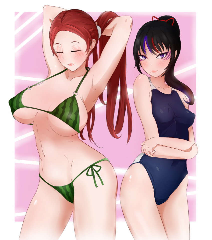 2020 2girls age_difference alluring armpits bangs bikini black_hair blue_hair blush breasts burn_scar competition_swimsuit covered_navel covered_nipples crossed_arms deepstigma eyeliner facial_scar food_print green_bikini hair_ribbon highres kunimitsu kunimitsu_ii large_breasts lips long_hair makeup mature medium_breasts milf mole mole_under_mouth mother_and_daughter multicolored_hair multiple_girls navel o-ring o-ring_bikini one-piece_swimsuit parted_bangs perky_breasts ponytail purple_eyes red_hair ribbon scar scar_across_eye side-tie_bikini small_breasts spaghetti_strap standing strap_gap streaked_hair swimsuit tekken tekken_1 tekken_2 tekken_7 tekken_tag_tournament tekken_tag_tournament_2 underboob watermelon_bikini watermelon_print whisker_markings