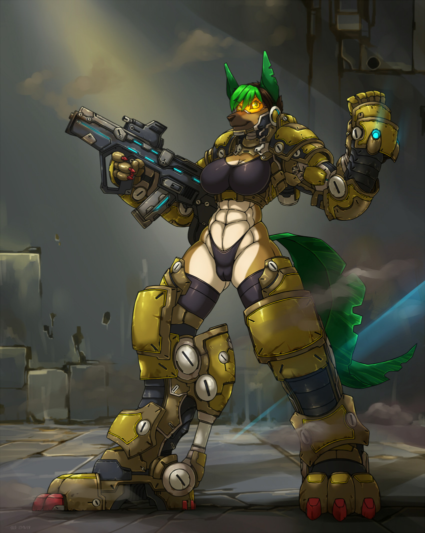 anthro armor breasts brown_body brown_fur canid canine canis clothed clothing detailed_background domestic_dog female fur genitals green_eyes green_hair gun hair hi_res holding_object holding_weapon link2004 mammal multicolored_body multicolored_fur muscular muscular_anthro muscular_female partially_clothed pussy ranged_weapon rifle smile solo two_tone_body two_tone_fur weapon