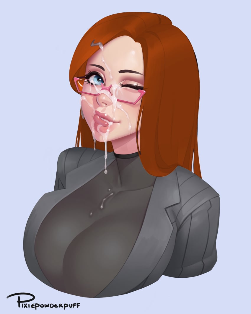 cleavage clothed cum_on_breasts cum_on_clothes cum_on_face cum_on_glasses cum_on_hair fully_clothed glasses huge_breasts large_breasts pixiepowderpuff redhead smiling