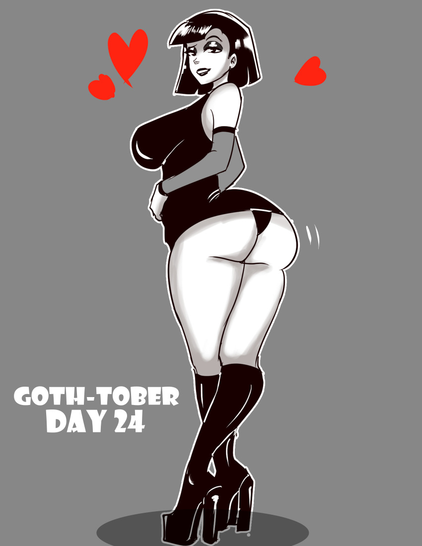 1girls big_ass big_breasts big_butt boots butt_crack female female_only fillmore goth goth_girl gothtober high_heel_boots high_heels ingrid_third inktober inktober_2020 looking_at_viewer pantyshot platform_boots pov solo solo_female tight_clothing xxfujiwaraxx