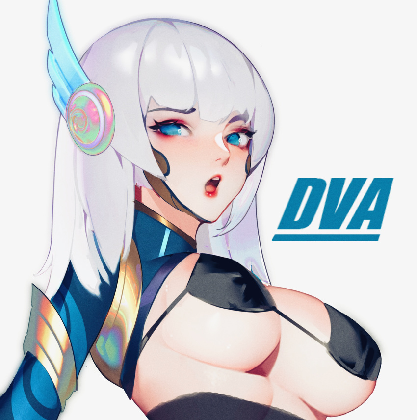 1girls 2020 alternate_costume big_breasts black_bra blizzard_entertainment blue_eyes bra breast_cutout breasts character_name cleavage d.va female female_only hana_song headwear human looking_at_viewer open_mouth overwatch overwatch_2 overwatch_league pacific_d.va simple_background solo solo_focus underboob white_background white_hair white_sclera