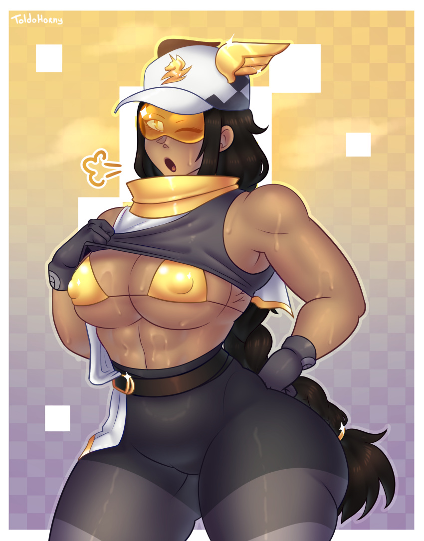 1girls big_breasts black_hair bra brawlhalla brown_hair cap clothed_female clothing female female_only glasses hat long_hair muscles scarf solo speedster sweat thea_(brawlhalla) thighs toldohorny yellow_eyes