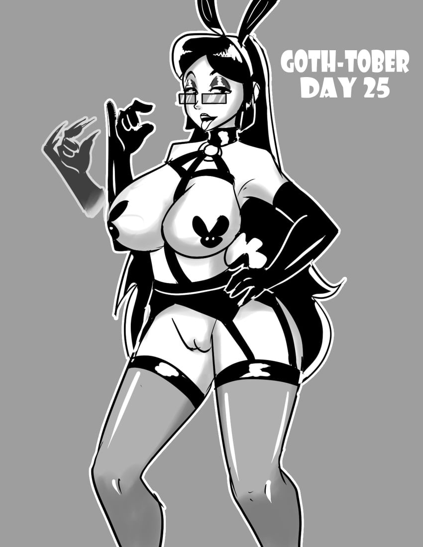 big_breasts bunny_ears fellatio_gesture glasses goth gothtober hands_on_hips inktober_2020 lingerie long_hair looking_at_viewer oral oral_insinuation oral_invitation original_character pussy tongue_out xxfujiwaraxx