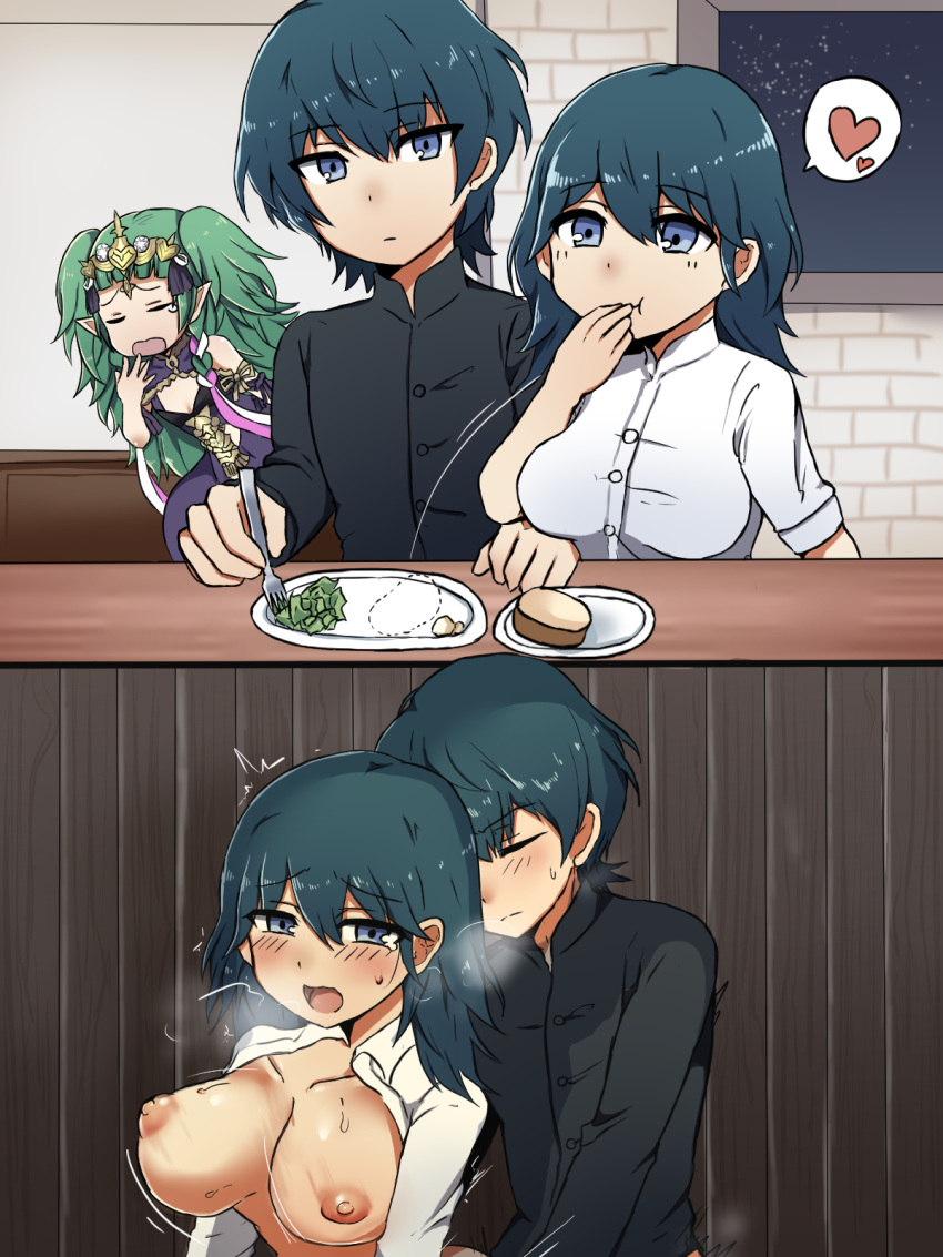 1boy 2girls alternate_self ambiguous_penetration blue_eyes blue_hair blush bouncing_breasts breasts byleth_(fire_emblem) byleth_(fire_emblem)_(female) byleth_(fire_emblem)_(male) comic crying eating female fire_emblem fire_emblem:_three_houses food from_behind heart heavy_breathing implied_sex incest instant_loss_2koma large_breasts male medium_hair multiple_girls nintendo nipples onsenmainiti open_mouth open_shirt panels punishment selfcest shirt short_hair sothis_(fire_emblem) speech_bubble stealing stealing_food straight sweat teal_hair tearing_up tears