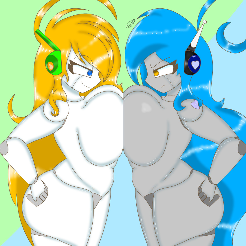 2girls ahoge android angry angry_face antennae big_breasts big_butt blonde_hair blue_eyes blue_hair cave_story competition crossover curly_brace doukutsu_monogatari female female_focus frenemy hands_on_hips lewdxt metallic_body multiple_girls orange_eyes original_character pressing_breasts_together robot robot_girl robot_humanoid squeezing_breast squeezing_breasts squishing staring_at_another thick_thighs wide_hips xt459 yuri