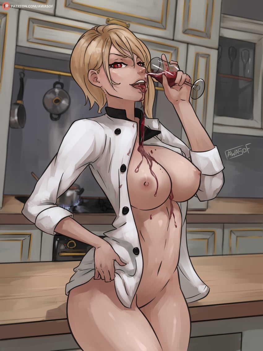 art_with_a_side_of_fries awasof big_breasts blonde_hair breasts chef_uniform dripping jacket jacket_open kitchen kitchen_table leaning_on_table looking_at_viewer messy nakiri_alice nipples partially_clothed red_eyes seductive shokugeki_no_souma spilled_drink tongue tongue_out white_hair wine wine_glass