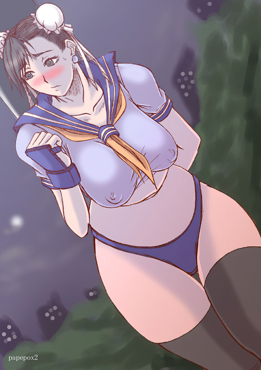 bare_thighs blush breasts chun-li curvy curvy_hips embarrassed female female_only highleg_panties hourglass_figure human large_breasts nipples no_pants no_skirt panties papepox2 solo street_fighter thick_thighs thighhighs thighs underwear uniform