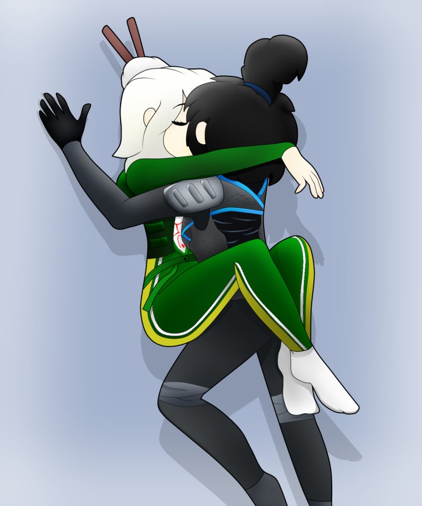 2girls against_wall black_hair chopsticks chopsticks_in_hair clothed clothed_female clothed_female_clothed_female clothing eyelashes eyes_closed fanon_couple female female/female female_focus female_human female_only femdom femsub fully_clothed fully_clothed_female gloves green_clothing hair hair_bun hair_over_one_eye harumi_(ninjago) kiss kissing leg_lock leg_wrap leglock lego legs legs_around_partner legs_around_partner's_hips legs_around_waist legs_crossed legs_together lesbian making_out ninjago nya_(ninjago) princess_harumi_(ninjago) roomi_arts shoulder_pad sock socks sons_of_garmadon_(ninjago) white_hair yuri