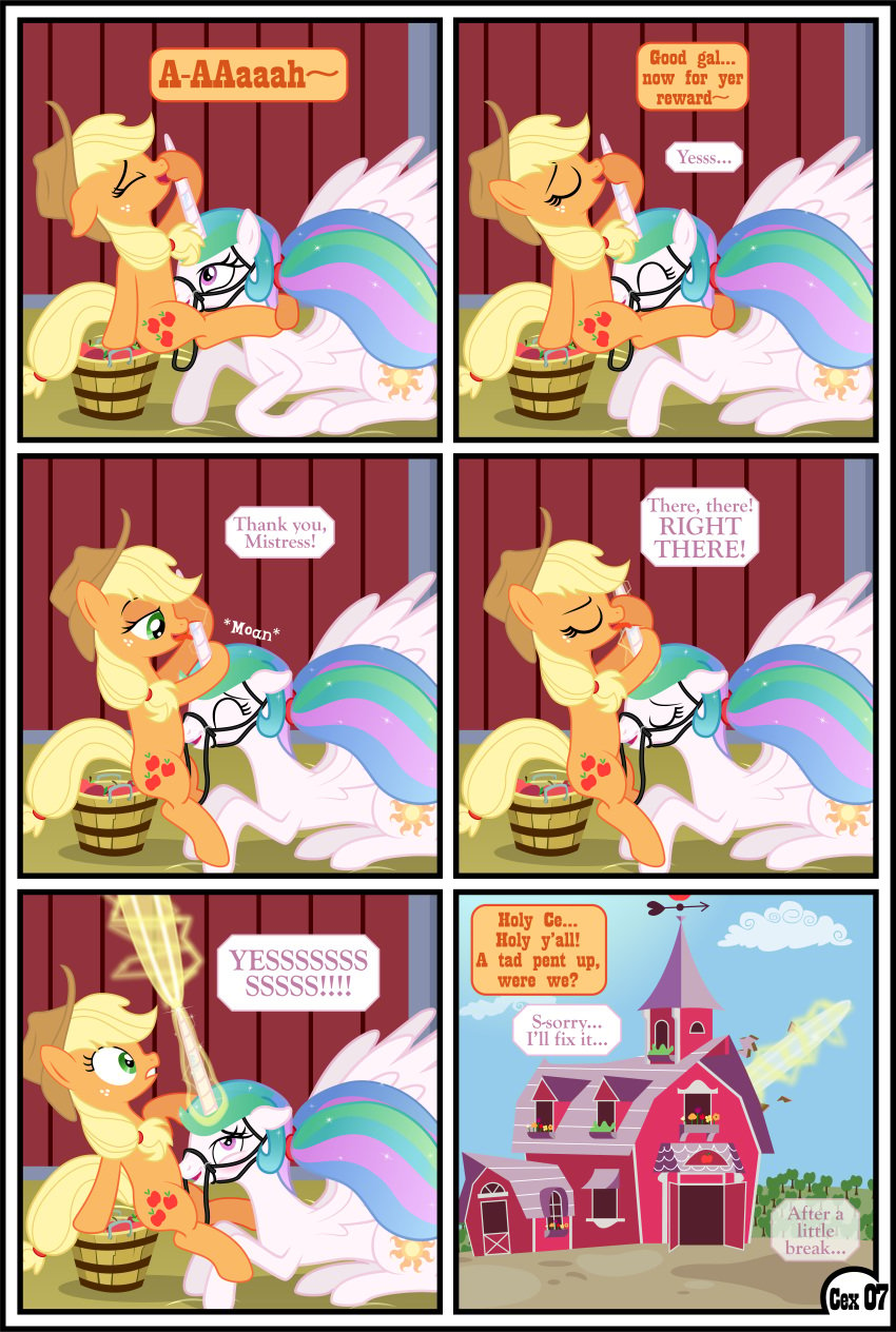 absurd_res alicorn applejack_(mlp) barn blush bridle comic cunnilingus dialogue domination duo energy english_text equid female female/female female_domination feral friendship_is_magic gutovi-kun hasbro hi_res horn larger_female leg_wrap letterbox licking mammal my_little_pony oral page_7 page_number princess_celestia_(mlp) sex size_difference small_dom_big_sub smaller_female submissive submissive_female text tongue tongue_out vaginal_penetration wings yuri