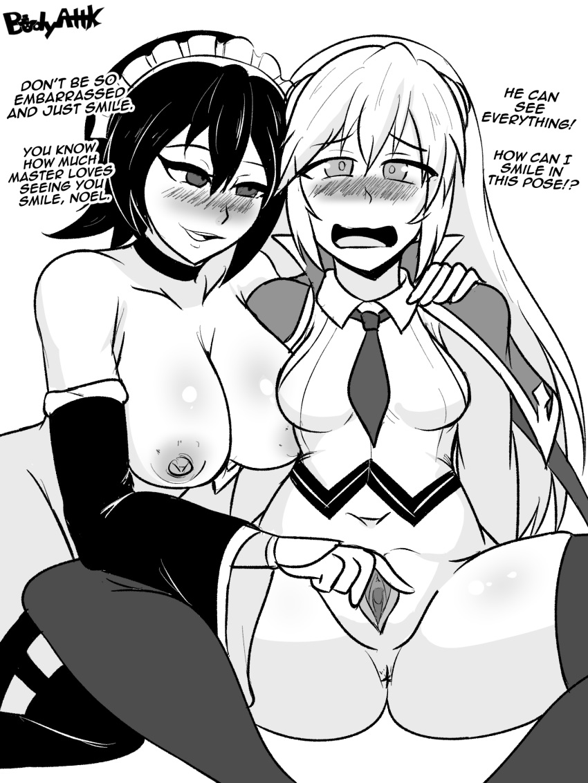 2girls arc_system_works blazblue blush bodyattk female iroha looking_at_viewer maid monochrome noel_vermillion queen's_gate samurai_shodown snk text yuri