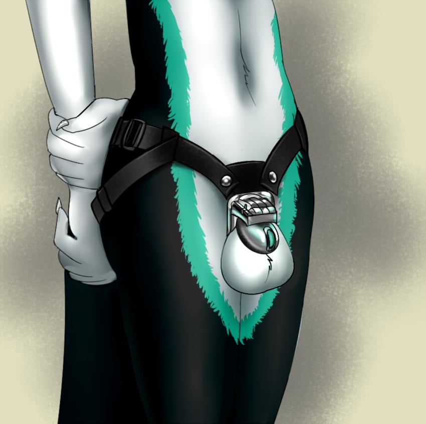 1boy anthro balls black_body black_fur chastity_belt chastity_cage chastity_device claws countershading diesis_schmitt fur genitals green_highlights hands_behind_back harness highlights_(coloring) male male_only malesub sergal slim solo stockingfan torso_shot white_body white_fur