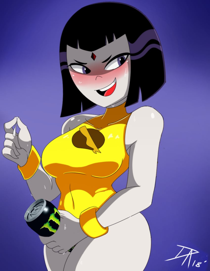 1girls blushing dalley_le_alpha dc dc_comics edit female female_only implied_futanari lady_legasus monster_energy monster_energy_drink rachel_roth raven_(dc) teen_titans teen_titans_go yellow_armwear yellow_swimsuit yellow_wristband