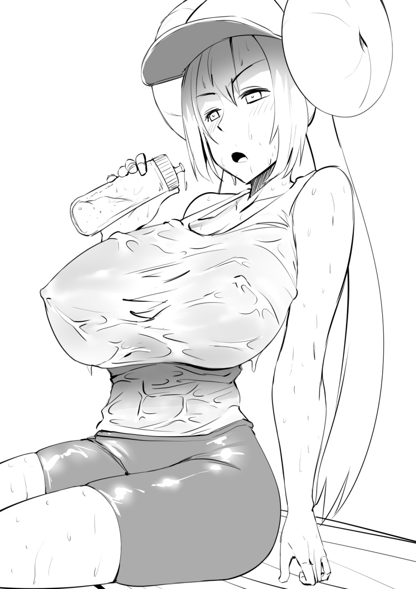 1girls 47k alternate_breast_size bike_shorts blush breasts double_bun erect_nipples female female_only highres huge_breasts human human_only long_hair monochrome nintendo no_bra pokemon pokemon_bw2 rosa_(pokemon) see-through sitting sketch solo solo_female tank_top visor_cap wet wet_clothes