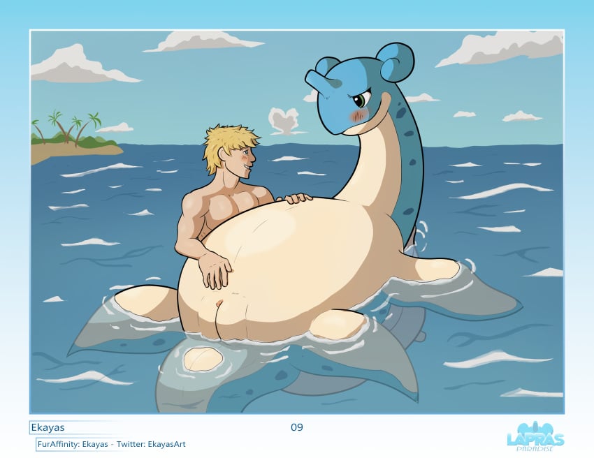 absurd_res blue_body blue_skin blush duo ekayas female feral flippers furaffinity_username genitals hi_res human human_on_feral interspecies lapras lapras_paradise larger_female larger_feral lying male mammal nintendo nude on_back page_9 partially_submerged pokémon_(species) poképhilia pokemon pussy shell size_difference smaller_human smaller_male straight video_games water zoophilia