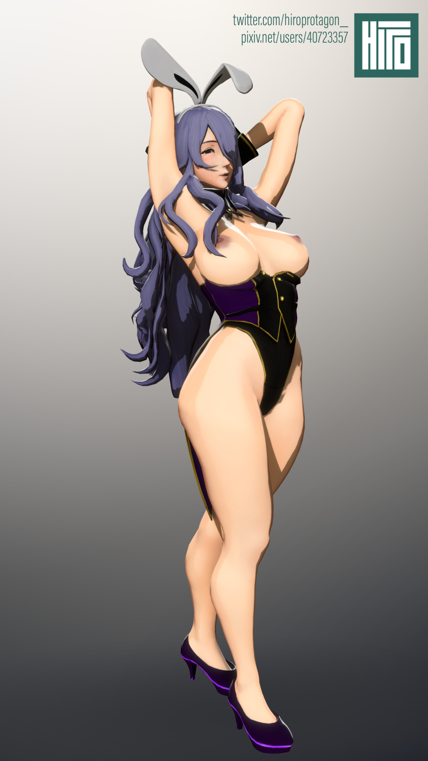 1girls 3d arms_behind_head arms_up bare_legs big_breasts breasts breasts_out brown_eyes bunny_ears bunny_girl bunnysuit camilla_(fire_emblem) camilla_(spring)_(fire_emblem) fire_emblem fire_emblem_fates gloves high_heels hiroprotagon huge_breasts large_breasts lips long_hair nintendo one_eye_covered purple_hair thick_thighs thighs wide_hips