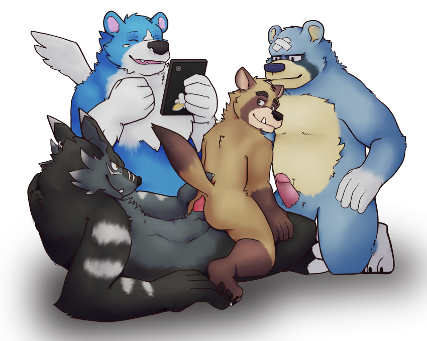 2020 absurd_res animal_crossing anthro ass balls blackweregarurumon blue_body blue_fur brown_body brown_fur canid canine cellphone closed_eyes curt_(animal_crossing) digimon digimon_(species) erection fur gay genitals grizzlesbear group hi_res male male/male mammal moosh nintendo oracle_of_ages oracle_of_seasons penis phone raccoon_dog sex shadowweregarurumon smartphone tanuki ursid video_games white_body white_fur wings