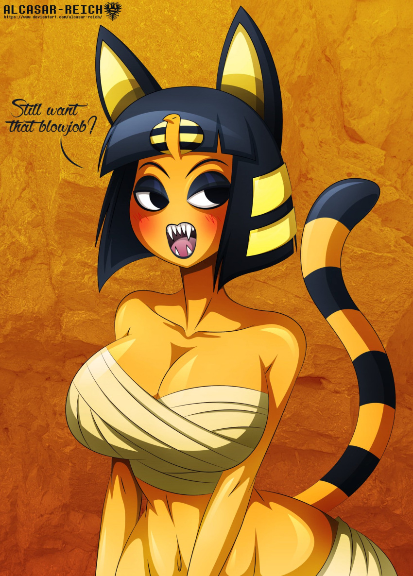 alcasar-reich alternate_body_type alternate_breast_size animal_crossing ankha anthro big_breasts breasts cleavage fangs nintendo tail wide_hips year_request yellow_skin