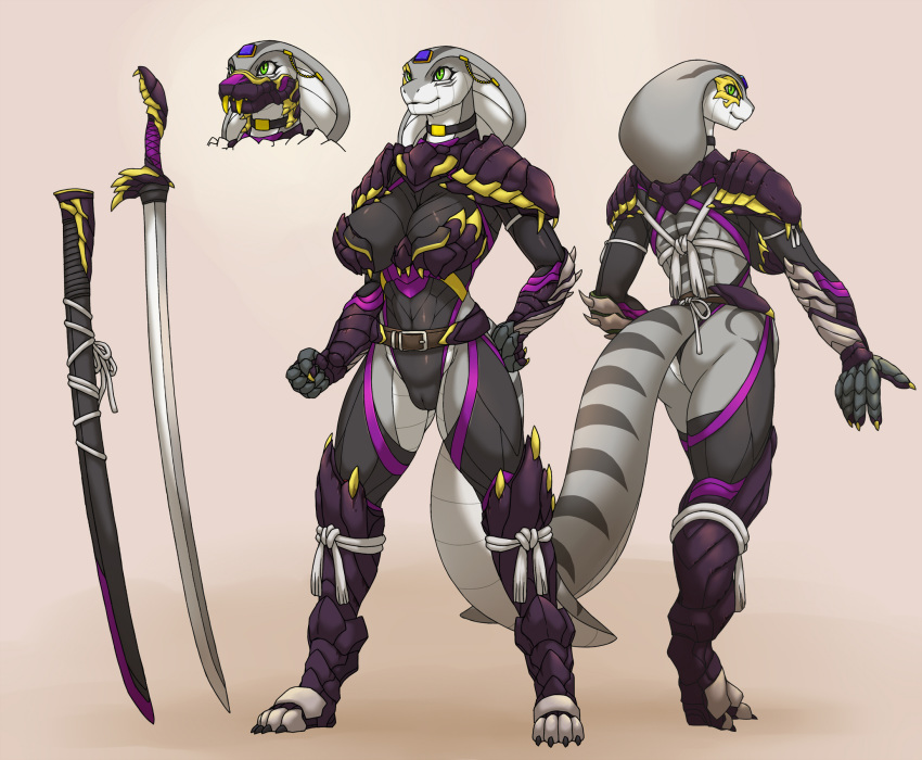 anthro armor ass breasts cameltoe claws clothed clothing fangs female gem genitals green_eyes grey_body hi_res link2004 mask melee_weapon model_sheet multicolored_body non-mammal_breasts partially_clothed reptile scalie simple_background smile snake solo sword two_tone_body wadjet_(kiala_tiagra) weapon white_body