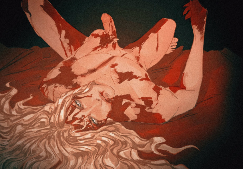 1boy alucard_(castlevania) blonde_hair blood castlevania castlevania_(netflix) dhampir erection long_hair long_hair_male looking_at_viewer male male_only masturbation nude_male penis red666 redtriplesix solo_male vampire