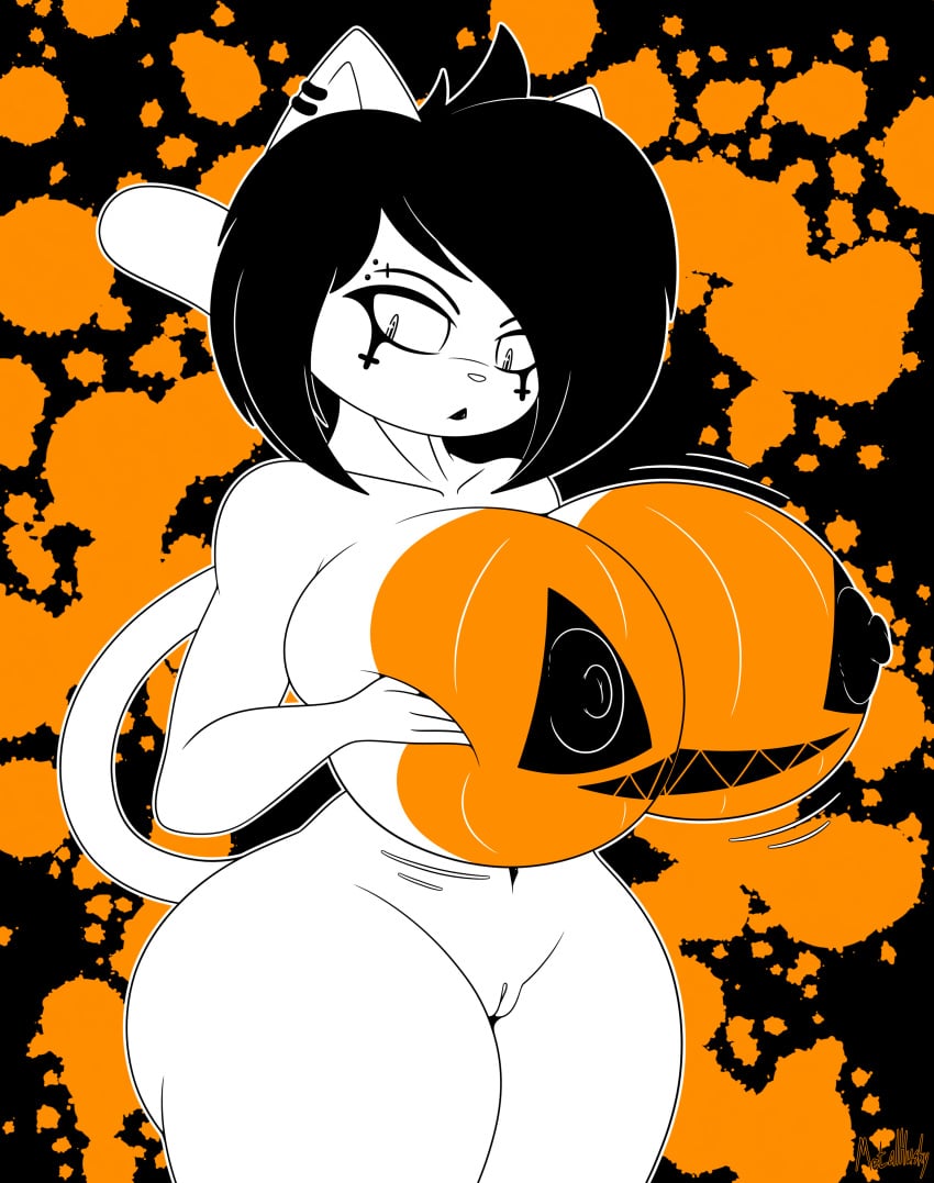 2020 absurd_res anthro big_breasts black_hair bodypaint breast_jiggle breast_squish breasts domestic_cat ear_piercing eyebrow_piercing eyeliner facial_piercing felid feline felis female food fruit fur genitals goth hair halloween hand_on_breast hi_res holding_breast holidays huge_breasts jack-o'-lantern makeup mammal natalee_(xmetalhusky) navel navel_piercing nipples nude paint_splatter piercing plant pumpkin pumpkin_boobs pussy simple_background solo squish white_body white_fur wide_hips xmetalhusky