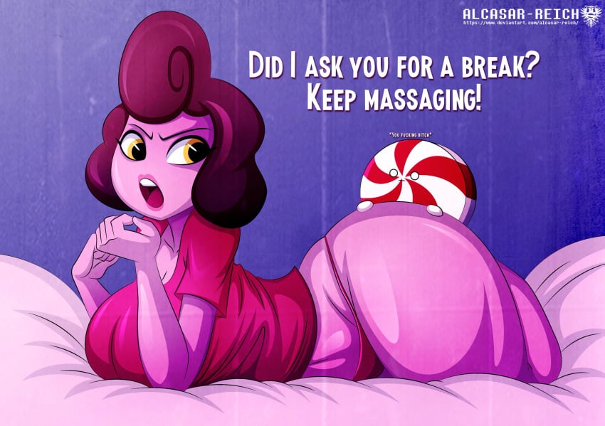 1boy 1girls alcasar-reich ass baroness_von_bon_bon big_ass big_breasts breasts cuphead_(game) cute female funny larger_female male peppermint pink_skin smaller_male source_request tagme yellow_eyes