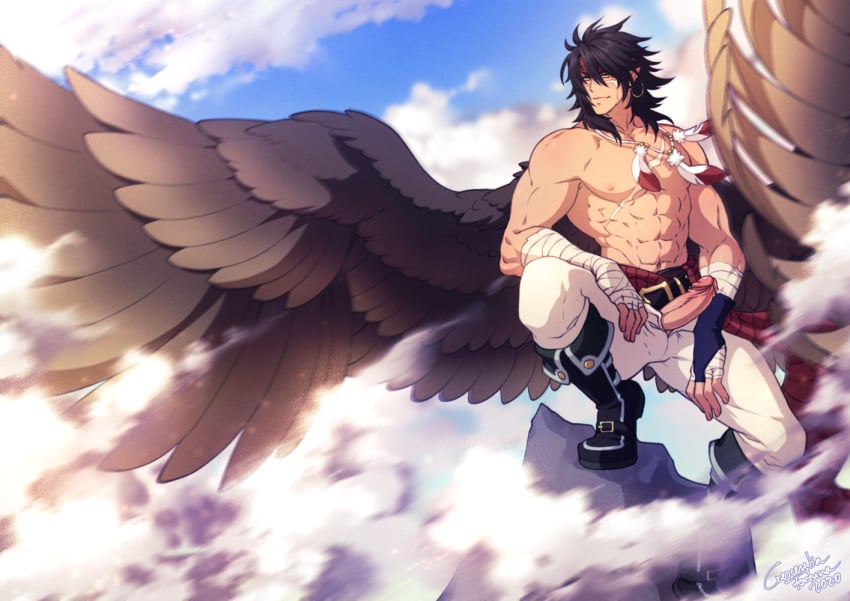 1boy abs alternate_version_available bird_boy bird_wings crescentia fire_emblem fire_emblem:_path_of_radiance fire_emblem:_radiant_dawn male_only monster_boy muscular_male nintendo penis sky solo solo_male tibarn_(fire_emblem) topless topless_male wings