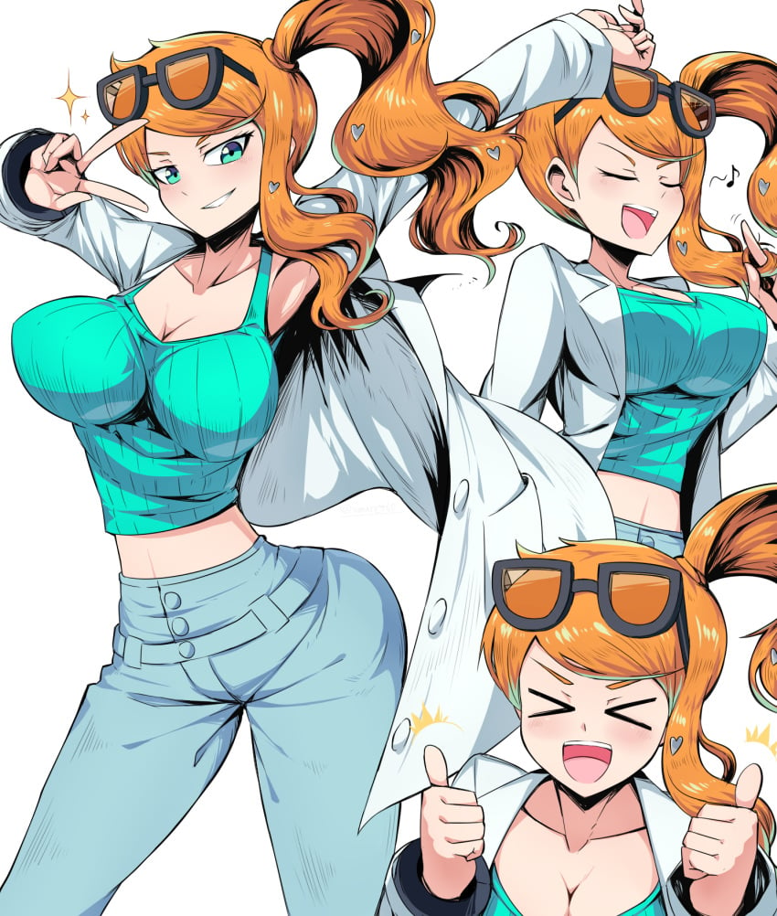 >_< 1girls 5_fingers alternate_breast_size aqua_eyes armpits big_breasts breasts cleavage eyebrows eyebrows_visible_through_hair eyelashes eyes_closed female female_only glasses glasses_on_head hips horny hourglass_figure huge_breasts labcoat large_breasts nintendo only_female open_mouth orange_hair pokemon pokemon_professor pokemon_ss ponytail seductive seductive_eyes seductive_look seductive_smile side_ponytail solo solo_female sonia_(pokemon) standing suzusiigasuki sweat teeth thick thick_thighs thighs tongue v voluptuous white_background wide_hips