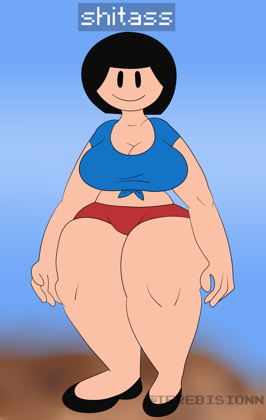 :) black_hair breasts breasts breasts cleavage english_text female female_only hips meme minecraft rule_63 rule_63 shitass short_hair short_shorts slit_pupils terebision text thick_thighs thighs tied_shirt