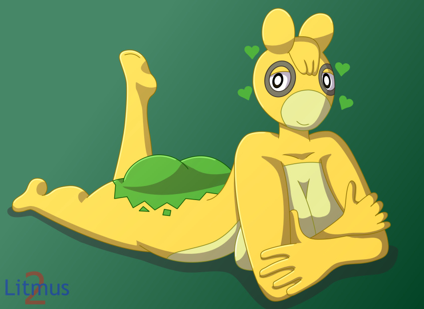 anthro ass ass bedroom_eyes big_ass big_butt breasts cream_fur curvaceous curvy curvy_figure cute female female_only green_butt green_markings heart litmus2 lying lying_down lying_on_stomach naked napalm_(litmus2) nintendo numel pokemon simple_background solo yellow_body yellow_fur