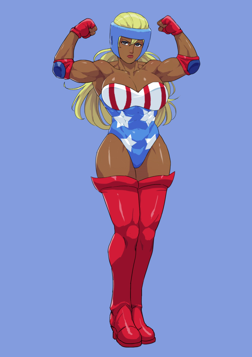 1girls abs american_flag blonde_hair cirenk cleavage clothed dark-skinned_female dark_skin eek!_the_cat female female_only flexing frown large_breasts leotard long_hair muscles muscular muscular_female platinum_(eek_the_cat) singlet solo stern_expression thigh_boots wrestler