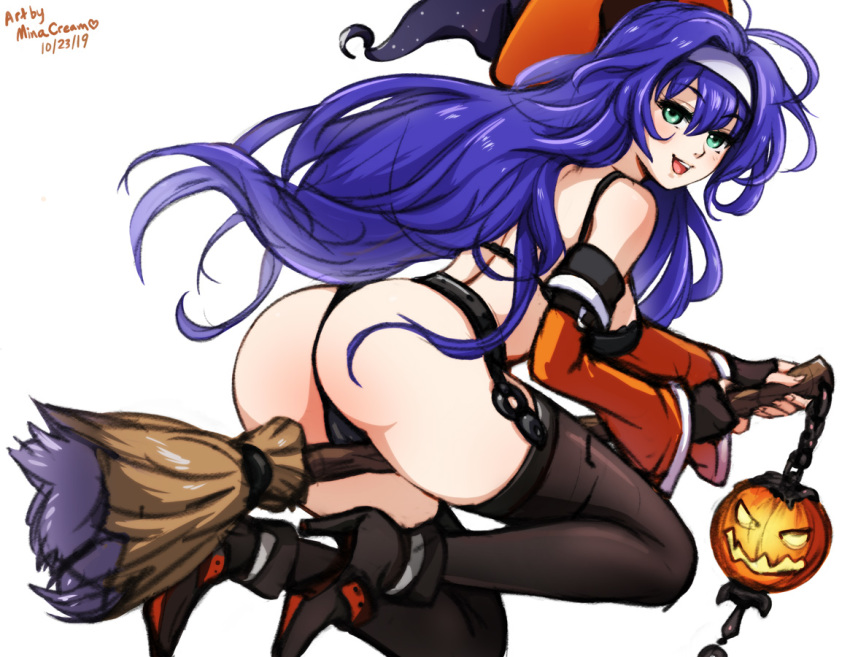 1girls alternate_costume ass back bare_back bare_thighs big_ass big_breasts black_bra black_lingerie black_panties black_underwear boots bra broom broom_riding broomstick female fire_emblem fire_emblem:_path_of_radiance fire_emblem:_radiant_dawn fire_emblem_heroes green_eyes halloween halloween_costume headband high_heels lingerie long_hair looking_at_viewer looking_back mia_(fire_emblem) mia_(halloween)_(fire_emblem) minacream nintendo official_alternate_costume open_mouth open_smile panties pumpkin purple_hair smile smug solo solo_female thighhighs thighs underwear witch witch_hat