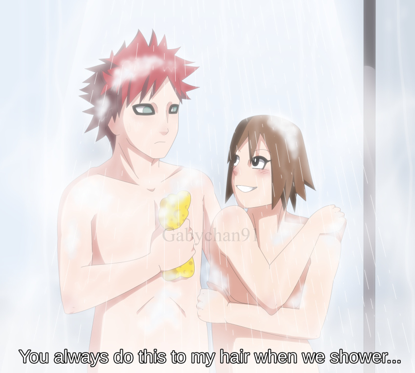 1boy 1girls breasts brown_hair commentary covering covering_breasts crossed_arms foam gaara gabychan9 long_hair looking_at_another looking_at_partner male/female matsuri_(naruto) naruto naruto_(series) naruto_shippuden red_hair short_hair shower smile soap sponge steam straight talking text upper_body washing water water_drop wet_body wet_skin