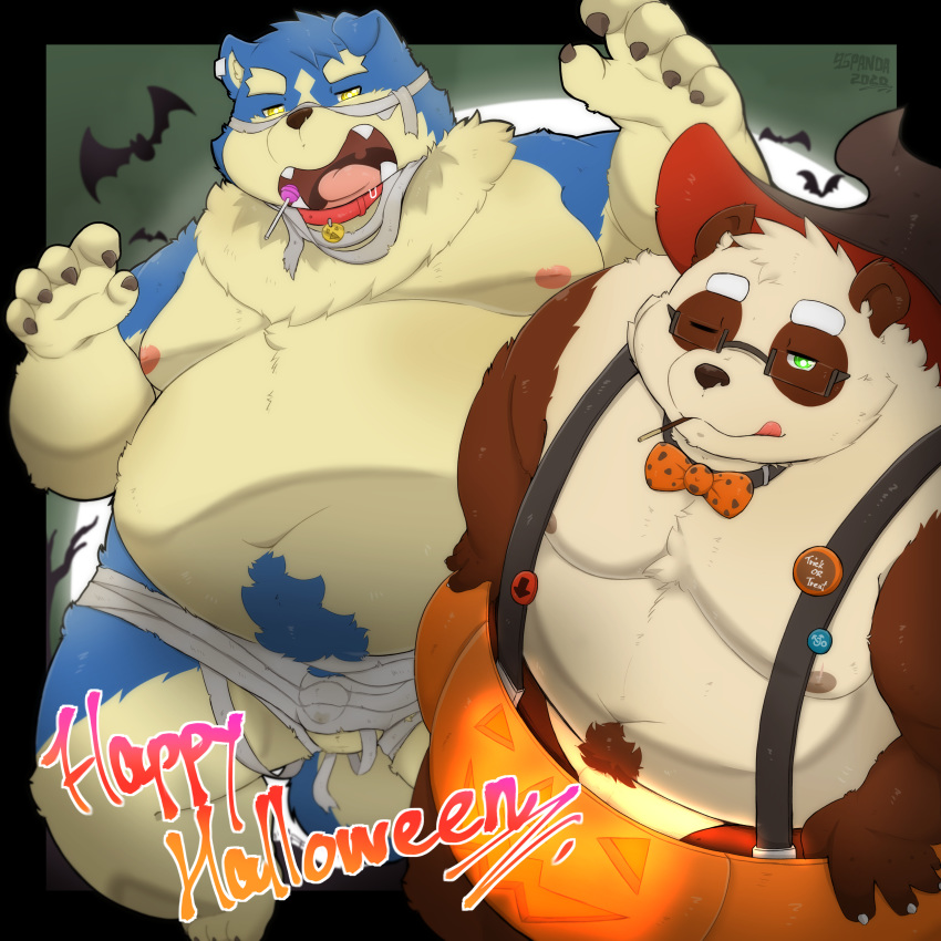 2020 96panda 96panda_hk absurd_res anthro balls belly canid canine canis clothing costume domestic_dog duo genitals giant_panda halloween halloween_costume hi_res holidays kemono male male_only mammal moobs nipples one_eye_closed overweight overweight_male text ursid wink