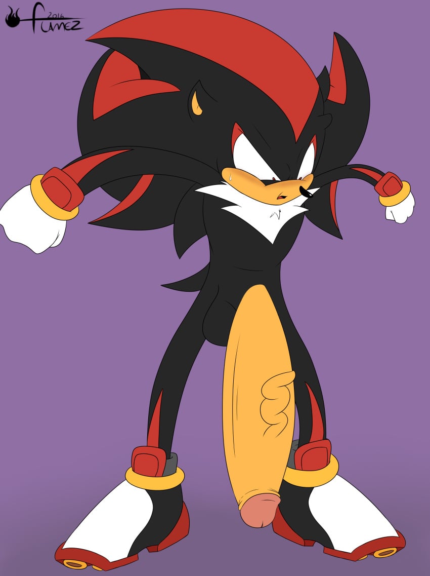 absurd_res anthro balls big_penis bodily_fluids clothing flamez footwear genitals handwear hi_res huge_cock hyper hyper_genitalia hyper_penis male male_only mostly_nude penis shadow_the_hedgehog shocked solo sonic_(series) sonic_the_hedgehog_(series) sweat