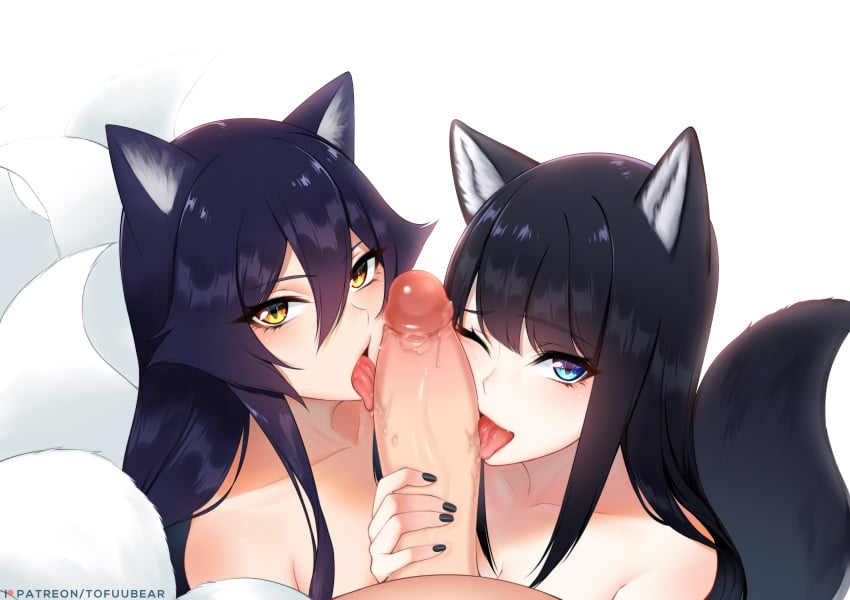 1boy 2girls ahri animal_ears big_penis black_hair blue_eyes league_of_legends light-skinned_male looking_at_viewer oral original_character penis reiko_(tofuubear) riot_games simple_background tofuubear white_background yellow_eyes