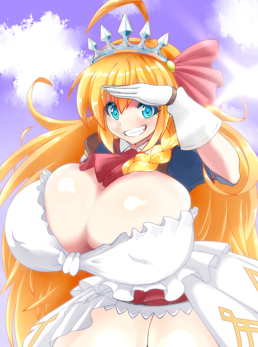 ahoge blue_eyes braid breasts cleavage cleavage_cutout cleavage_pull cleavage_reach clothing_cutout erect_nipples female gloves highres huge_breasts kazuya_zoey long_hair orange_hair pecorine pleated_skirt princess_connect! princess_connect!_re:dive skirt smile solo tiara