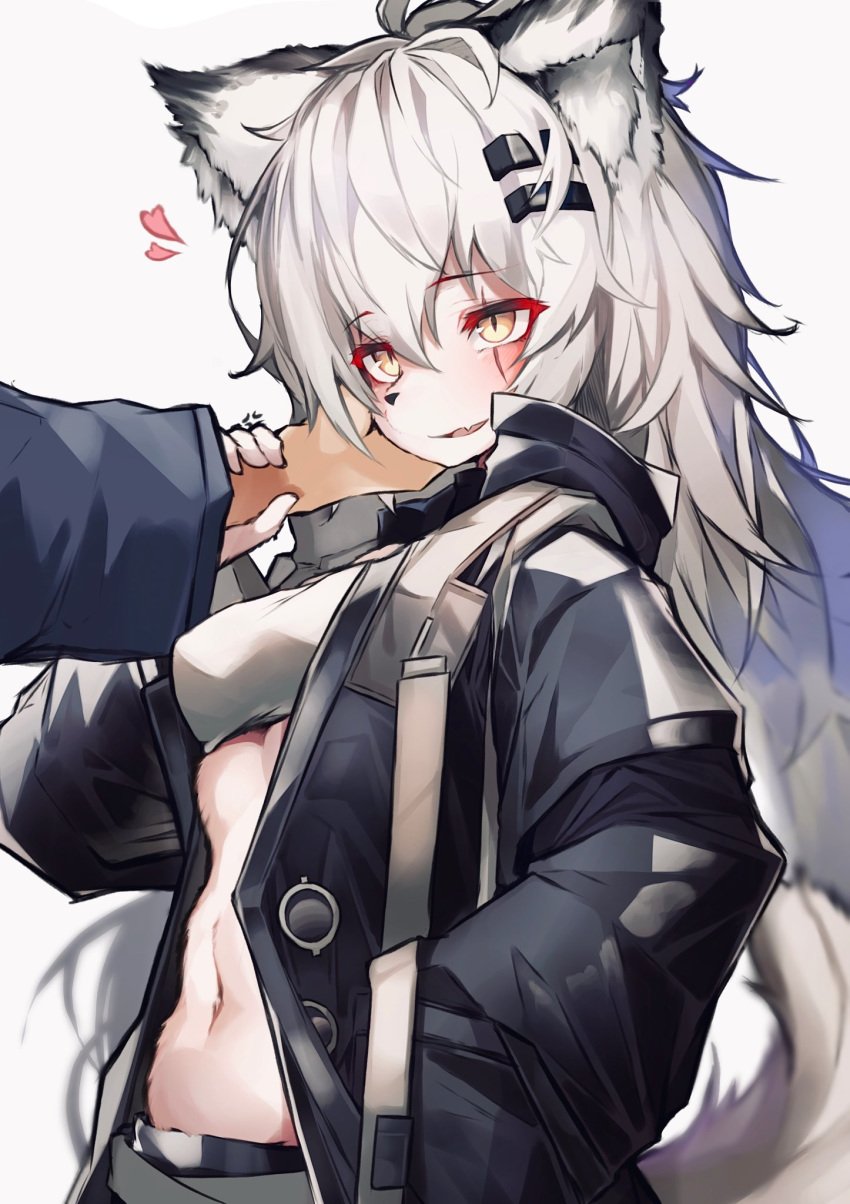 1girls anthro arknights big_breasts blush breasts canine claws cute cute_fang disembodied_hand female fluffy fluffy_hair fluffy_tail fur furry heart human lappland_(arknights) looking_at_another looking_at_viewer mammal open_mouth paws sweat tab_head tail tongue white_fur white_hair