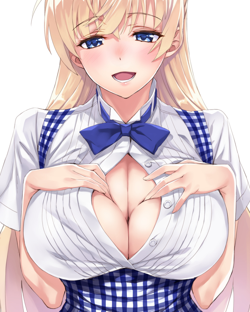 bangs blonde_hair blue_eyes blush bow bowtie breast_suppress breasts cleavage deep_skin female female_only flipped_hair highres huge_breasts kobeya_uniform matsuryuu mayuri_mariani no_bra nose_blush open_clothes open_shirt original paizuri_invitation shirt simple_background skindentation smile solo solo_female spread_cleavage unbuttoned underbust upper_body waitress white_background